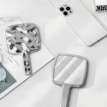 1 pieza Espejo de mano con diseño de ola, espejo de maquillaje portátil de alta calidad en plata, espejo cuadrado de alta definición para princesa