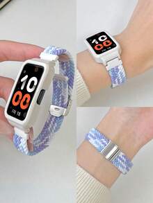 一套男女通用弹性透气可调节编织表带和柔软可爱的镂空PC保护壳，兼容小米手环10/9/8/7/6/5/4/3/NFC、小米手环9 Active/8 Active、手环2、手环10/9/8/7/6、荣耀手环9/7/6、Galaxy Fit 3 - 紫羅蘭 - 查看 18