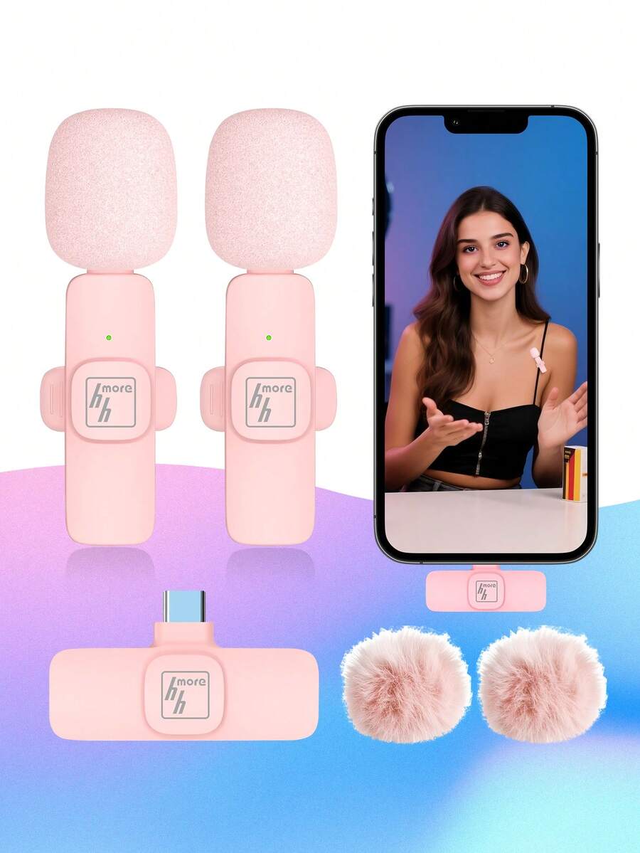 C10 Wireless Lavalier Microphone For Android, Plug-And-Play Wireless Lapel Microphone For Video Recording, Teaching, Interviews, Podcasts, Wireless Omnidirectional Condenser Microphone For Vlog - Pink - View 1