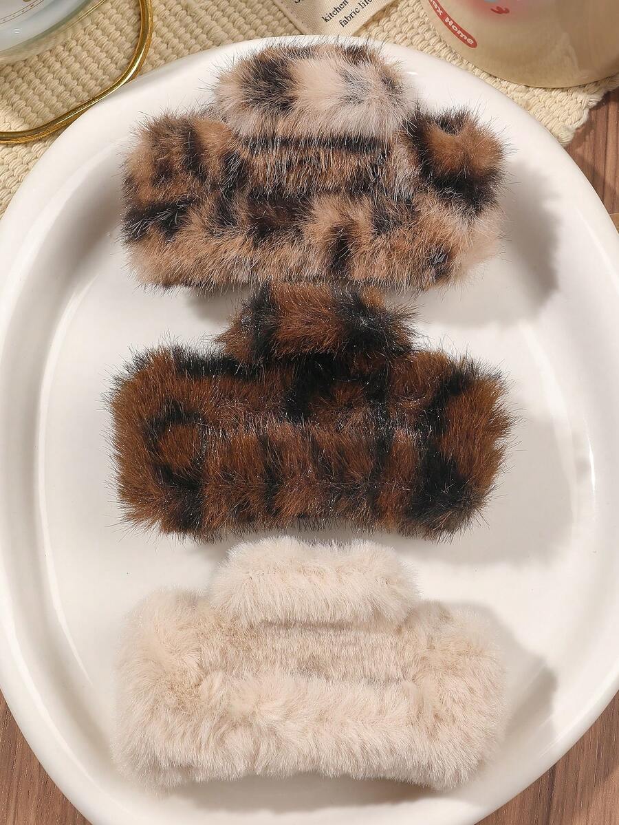 3 Stück Leoparden-Muster Plüsch warm vielseitig schicke elegante mittelgroße quadratische Haarklammern, geeignet für Teegesellschaften und Bälle, elegante Haaraccessoires für Herbst/Winter, elegante Haarklammern, Winterhaarklammer für Sommeroutfits, Festivals, Partys - Verschiedenfarbig - Übersicht 1
