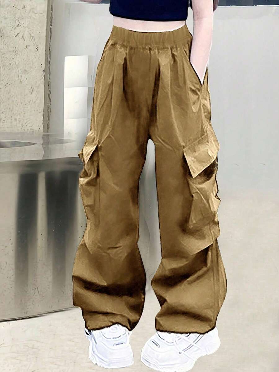 1pc Tween Girls Casual Loose Comfortable Utility Cargo Pants, Suitable For School, Outdoor, Sports, Spring/Autumn - Khaki - View 1