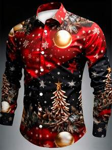 男士圣诞主题印花长袖衬衫，红黑拼色圣诞树和雪花装饰，圣诞节节日气氛，时尚休闲领扣上衣，适合派对、聚会、百搭开衫 - 彩色 - 查看 12