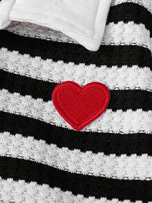 2pcs/Set Girls Young Kids Autumn/Winter Black & White Striped Heart Embroidery Polo Collar Long Sleeve Cropped Top & Striped Pants