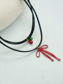 1 pieza Collar de Navidad de niña dulce, gargantilla de doble capa con campana roja y verde con moño, joyería para fiesta y citas, adecuada para fiestas de Navidad, reuniones, regalo - Colgante de Navidad - Ver 2