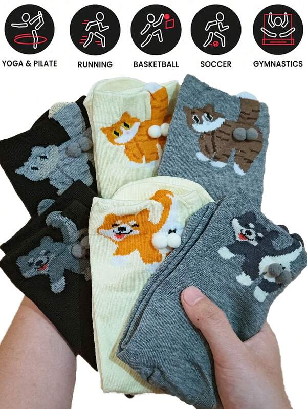12 Pairs, Unisex Abstract Cats And Dogs Egg Socks, Mid-Calf Cute And Funny Japanese-Inspired Long Socks For Women - Perfect Gift, Comfortable Casual Sporty All-Season Versatile Design, Suitable For Daily Wear, Running, Fitness, Etc