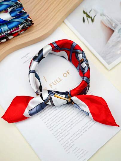 1 PIEZA Pañuelo cuadrado de mujer con cadena y estampado bohemio, pañuelo de seda vintage multifuncional de verano de 50CM, accesorio para el cabello, adecuado para uso diario y como regalo de vacaciones