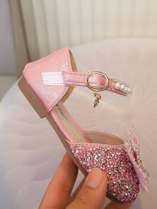 1 双粉色女童凉鞋，水钻、珍珠、蝴蝶结装饰，粗犷 PU 拼接圆头，平底，适合日常穿着、舞蹈、户外、节日、派对，闪光装饰公主鞋，适合春季、夏季、秋季 - 粉色 - 查看 8
