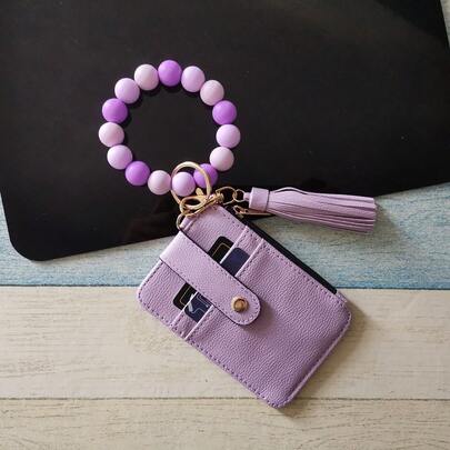 PU Leather Tassel Wallet Silicone Beaded Key Chain Silicone Beaded Bracelet Silicone Beaded Hand String Card Bag Case Women's Wallet Key Chain Wrist Strap Western Cowboy Bracelet Card Bag Cow Print Card Bag