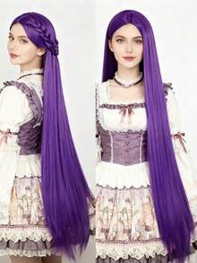 40英寸超长直发cosplay假发，中分，万圣节假发，耐热合成假发，女士款 - 紫色 - 查看 4