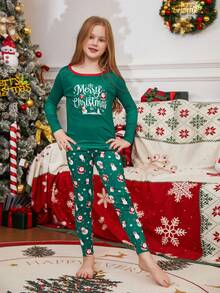 2 piezas Pijamas a juego para la familia en Navidad, diseño divertido de Papá Noel, muñeco de nieve y pingüino, cuello redondo, manga larga y pantalón largo, suave y cómodo, para fiestas navideñas, otoño/invierno - Verde - Ver 1