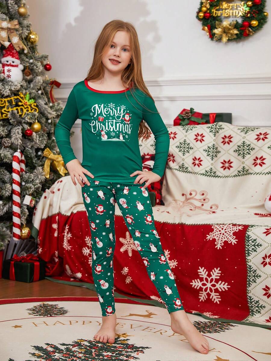 2 piezas Pijamas a juego para la familia en Navidad, diseño divertido de Papá Noel, muñeco de nieve y pingüino, cuello redondo, manga larga y pantalón largo, suave y cómodo, para fiestas navideñas, otoño/invierno - Verde - Ver 1