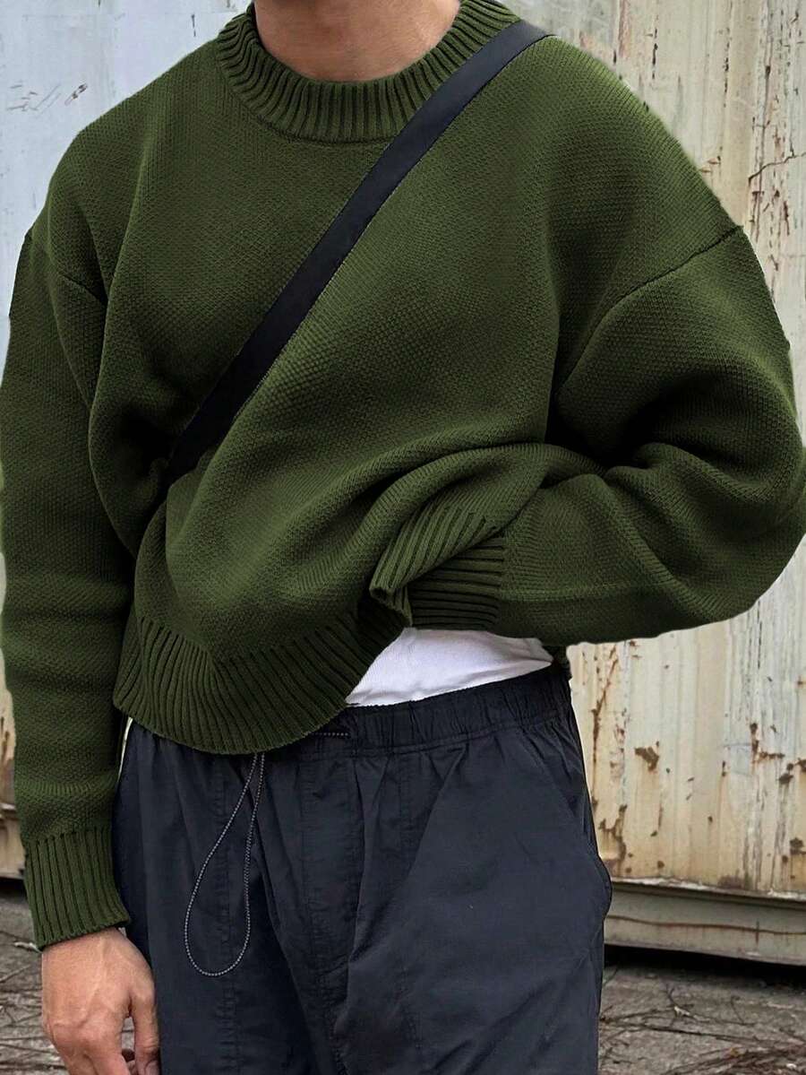 ANDREILEE Men's Casual Pullover Sweater, Streetwear Style, Solid Color, Long Sleeve, Round Neck, Loose Fit, Short Length, Lightweight, Polyester, Suitable For Spring, Autumn And Winter