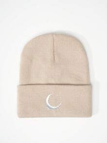 1pc Embroidered Moon Pattern Knit Beanie, Outdoor Cold-Proof Casual Versatile Winter Warm Hat Suitable For Daily Commute Accessories For Winter Mens Winter Clothing