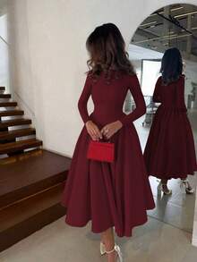 优雅简约时尚休闲复古褶皱长袖纯色冬季连衣裙，女士款，拉链闭合，适合晚宴、假日、上学、办公、度假、秋冬春季穿着。 - 酒紅色 - 查看 5