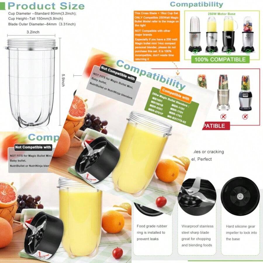 Juego de cuchilla cruzada de repuesto + vaso de 16 onzas para piezas de repuesto compatibles con la licuadora Magic Bullet MB1001 de 250 W - 1 cuchilla 1 taza - Ver 1