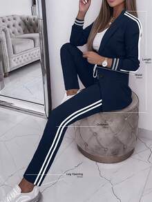女式休闲运动侧条纹夹克和抽绳腰裤套装