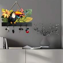 2D Art Piece Depicting A Beak Bird And A Wooden Sign, Key Organizer With Simple Colored Wooden Key Hooks, 4 Metal Hooks, Wall Art Suitable For Decorating Walls, Entryways, Rooms, Villas, Seasonal Home Decor - Multicolor - View 4
