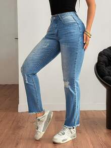 Y2K Straßen Crop Jeans mit Stretch, hoher Taille, Destroyed-Optik, ausgefranster Saum, Slim Fit, schräge Taschen, Denimhose, Bürooutfit Herbstmode für Frauen