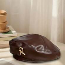 Women Beret Hat, Elegant PU Leather Alphabet Soft Warm Painters Cap Artist Hat For Fall Winter - 棕色 - 查看 3