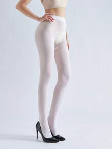 1pc Women's Thick Crotchless Pantyhose, Opaque Tights, Cozy - White - View 7