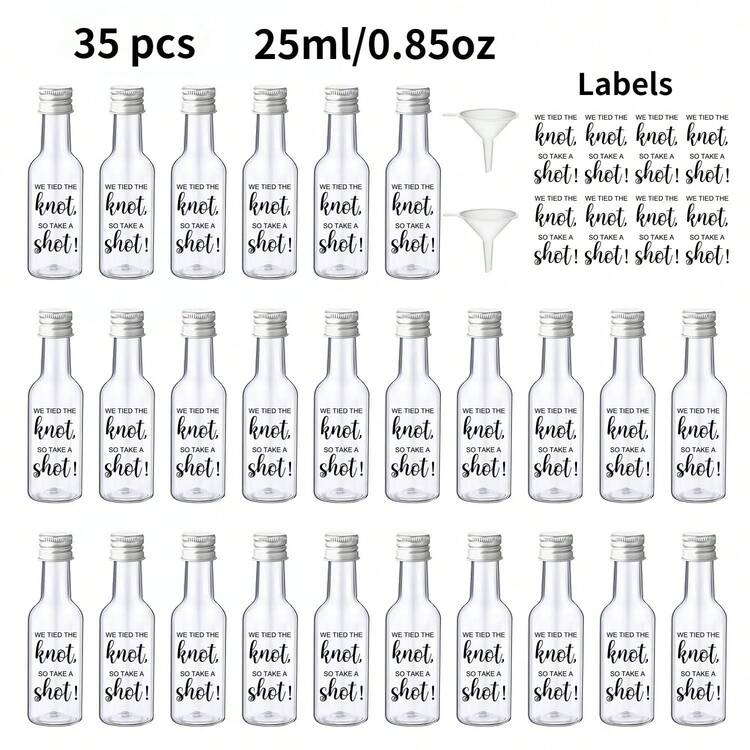 35/3pcs Mini Wedding Wine Bottles, Reusable Plastic Beverage Bottles With Gold, Silver And Black Screw Caps, Comes With "We Got Married, Have A Drink!" Black Labels, Great For Wedding Party, Birthday Gift, Party Essentials, Anniversary, Camping, Outdoor Activities - Transparent - View 8