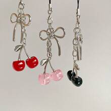Ins Wind Cherry Bow Keychain, Pearl Bow Silver Peach Heart Shaped Girls Bag Pendant - 紅色掛繩 - 查看 3