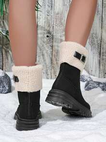 Women's Black Snow Boots, Faux Thermal Lined, Anti-Slip Thick Sole Retro Warm Lined Warm Boots, Round Toe Buckle Soft Bottom Furry Winter Shoes For Winter - Black - View 4
