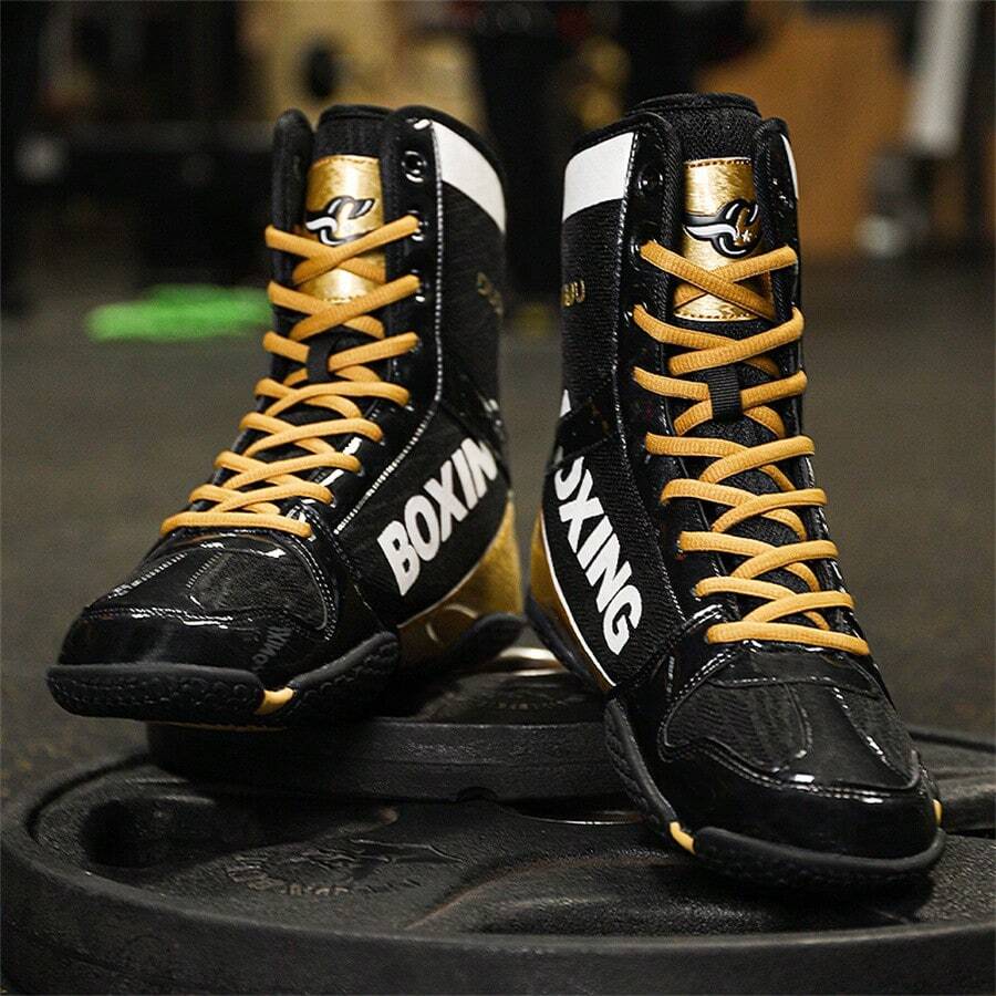 Men's Professional Wrestling Shoes, High-Top Competition Training Shoes, Wrestling Shoes & Fitness Boots, Colorful Patchwork Sports Shoes, Synthetic Leather & Mesh Material, Indoor Fitness Non-Slip Boxing Training Shoes, Suitable For All Seasons, Size: 36-46 - Black Gold - View 1