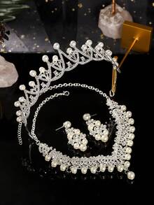 1set Elegant Rhinestone Tiaras Crown For Women Queen Crown Jewelry Set Necklace Earring Princess Wedding Birthday Prom Pageant Party Ceremony Photo Props
