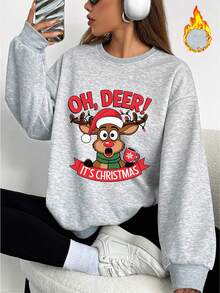 1 pezzo Maglione con stampa di renne natalizie da donna, stile casual con fodera in pile, girocollo, il regalo perfetto per compleanni e feste, caldo e confortevole
