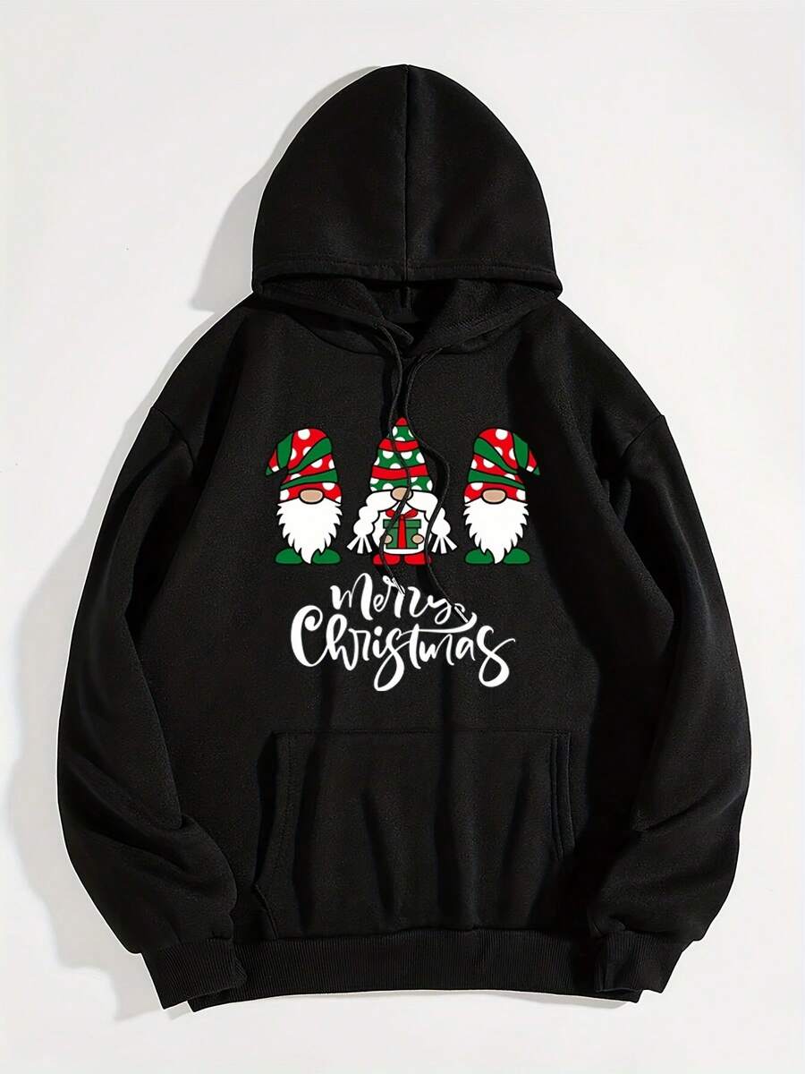 Gnome Fleece-Lined Hoodie - Unisex Black 500g 60% Cotton 40% Polyester (Replaced Purple), Kangaroo Pocket, Long Sleeve Drawstring Hood, Cozy Festive Casual Wear, Winter Essential, Women Men, S-3XL - Black - View 1