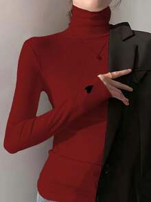 女士修身爱心图案高领长袖T恤，春夏款，适合新年、情人节等场合 - 酒紅色 - 查看 4