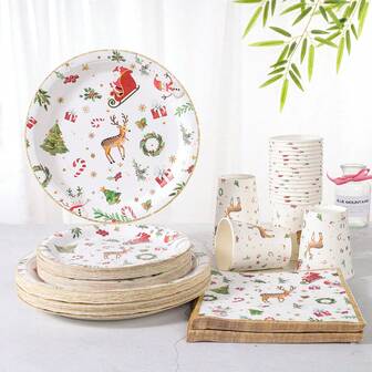 驯鹿圣诞一次性餐具套装，7/9英寸一次性圣诞派对纸盘，一次性纸杯、盘子、餐巾，适合10/24位客人，适合节日庆祝活动，圣诞装饰，特别适合圣诞节活动和派对用品。