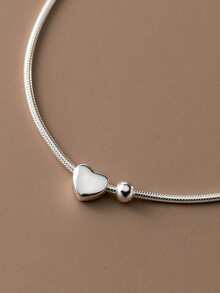 1pc Elegant Women's Jewelry, S925 Silver Dainty Ins-Style Heart & Bead Design Minimalist Snake Bone Chain Bracelet, Suitable For Daily Wear - #1 - View 9