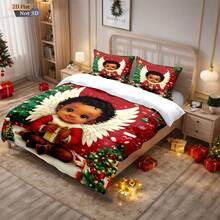 3 PiecesChristmas-Themed Quilt Set,(1 Set +2 Pillowcases, No Core) Printed With The Image Of A Black Cherub With White Wings, Surrounded By Christmas Trees, Christmas Socks, Stars And Other Elements, Suitable For Your Sleep All Year Round. Comfortable Experience