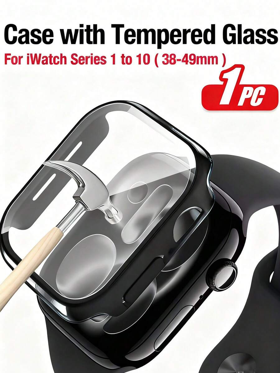超薄一體式手錶保護殼附鋼化玻璃膜,高清防刮全覆蓋,適用 Apple Series 4-10,40/41/42/44/45/46/49mm 通用高清透明超薄保護殼 - 黑色+glass-film - 查看 1