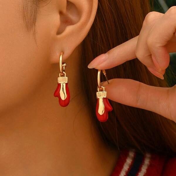 قفازات حمراء أنيقة وأقراط أنيقة ذات تصميم عصري، مناسبة لحفلات الأعياد والمناسبات والمواعيد والاستخدام اليومي