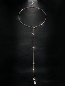 1 buc colier elegant cu lanț cu picătură de apă cu stras, lanț de corp minimalist cu pandantiv cu perle artificiale, versatil pentru femei