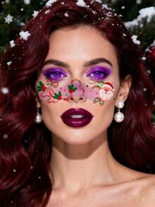 (Set Of 12) Colorful & Adorable Christmas Temporary Face Tattoos, Includes Rainbow Colors, Santa Claus, Reindeer, Sleigh, Stockings, Plants, Bells, Gifts, Snowflakes, Sweet & Cute For Girls, Also Suitable As Christmas Gifts For Friends - Multicolor - View 4