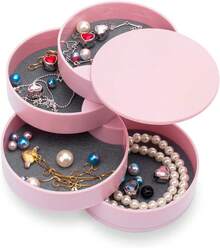 HengLiSam Jewelry Organizer, Small Jewelry Box Earring Holder For Women Gifts For Mom, Jewelry Storage Box 4-Layer Rotatable Jewelry Accessory Storage Tray With Lid For Rings Bracelets - 粉色 - 查看 7