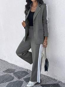 ChicMe 2 件条纹侧运动带缺口领前扣西装阔腿裤带口袋裤套装 - 深灰色 - 查看 4