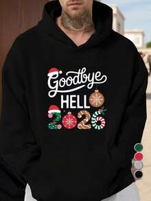Men'S Goodbye 2025 Hello 2026 Christmas Cheer Hooded Sweatshirt - Green Holiday Graphic Pullover With Candy Canes & Snowflakes, Loose Fit Long Sleeve Hoodie With Pocket, Casual Winter Warmth For New Year'S Eve & Xmas Parties (Non-Stretch Fabric),Fall Hoodies,Men's Fall Clothes,Street Wear,Halloween,Mens Hoodies,Y2k Clothes,Jesus Hoodie,Thanksgiving Day,Nightmare Before Christmas,Christmas - Black - View 1