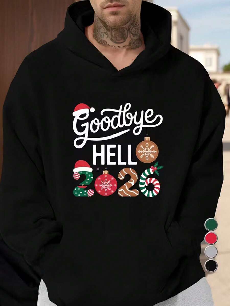 Men'S Goodbye 2025 Hello 2026 Christmas Cheer Hooded Sweatshirt - Green Holiday Graphic Pullover With Candy Canes & Snowflakes, Loose Fit Long Sleeve Hoodie With Pocket, Casual Winter Warmth For New Year'S Eve & Xmas Parties (Non-Stretch Fabric),Fall Hoodies,Men's Fall Clothes,Street Wear,Halloween,Mens Hoodies,Y2k Clothes,Jesus Hoodie,Thanksgiving Day,Nightmare Before Christmas,Christmas - Black - View 1