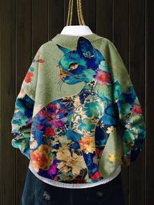 Lightweight Women Casual Cat & Floral Pattern Crew Neck Long Sleeve Pullover Sweater, Autumn/Winter - Green - View 2