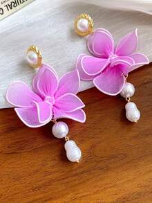 1 Paar übertriebene Blumen Stoff, Perlen & Quasten Ohrringe, süßes & modisches, zierliches, elegantes, schickes Design Ohrringe