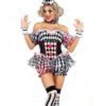 Womens Clown Costume, Off Shoulder Shorts Jumpsuit + Sleeves + Collar + Hat + Stockings 5 Pcs Halloween Set - 黑色 - 查看 1