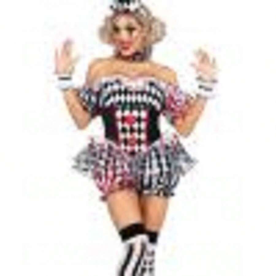 Womens Clown Costume, Off Shoulder Shorts Jumpsuit + Sleeves + Collar + Hat + Stockings 5 Pcs Halloween Set - 黑色 - 查看 1