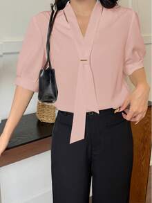 女士纯色短袖休闲办公衬衫 - 粉色 - 查看 6