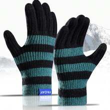 Winter Warm Gloves For Men, Thick Thermal Lining Outdoor Cycling Sports Cold-Proof Knitted Touchscreen Striped Casual Acrylic Gloves Winter Gear Snow Gloves