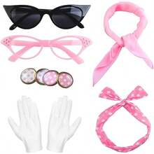 1950's Womens Costume Accessories Set Polka Dot Hair Accessories Earrings Chiffon Scarf Gloves Cat Eye Glasses